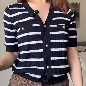 Navy and light blue Striped Women's Short Sleeve Cardigan